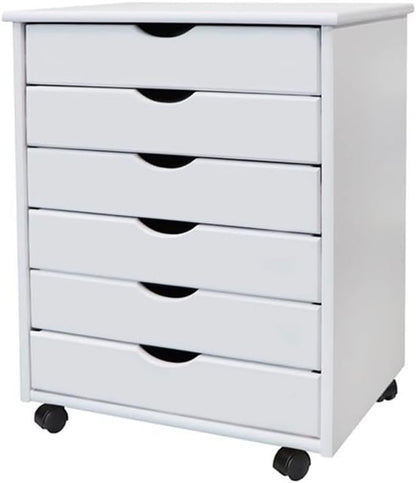 Pemberly Row Modern Solid Wood 6-Drawer Utility Cart, Compact Design, White Finish, L 15.35 x W 20.75 x H 25.43 in, Smooth Casters, Versatile Storage for Home Office, Studio, Craft Room