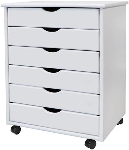 Pemberly Row Modern Solid Wood 6-Drawer Utility Cart, Compact Design, White Finish, L 15.35 x W 20.75 x H 25.43 in, Smooth Casters, Versatile Storage for Home Office, Studio, Craft Room