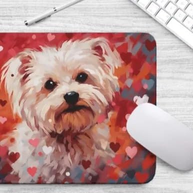 Maltese Mouse Pad Dog with Red Hearts Pattern Non-Slip Rubber Mouse Pad Puppy in Love Mouse Pad for Home Office Work Desk Computer Desktop Laptop for Dog Lovers