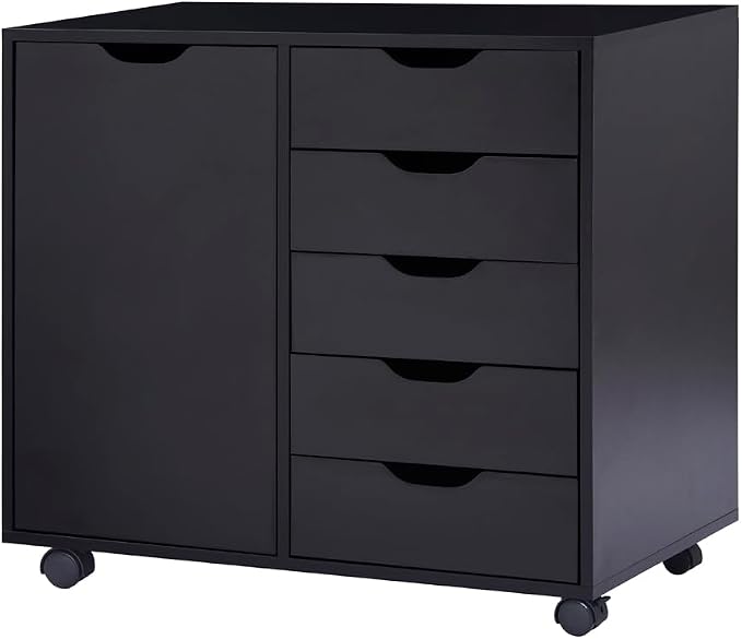 Naomi Home Under Desk Rolling Office File Cabinet with 5 Drawers & Side Storage Cabinet, Mobile Organizer with Shelves & Swivel Casters for Home Office - Black