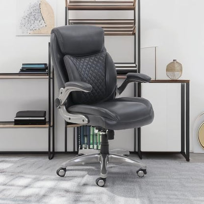Amazon Basics Ergonomic Executive Office Chair with Adjustable Lumbar Support, Flip-up Arms, Height Adjustable, 360° Rolling Swivel, Computer Desk Chair, Grey Leather