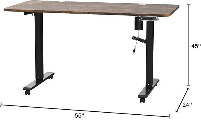 farexon 55 x 24inch Electric Standing Desk Adjustable Height with Power Outlets, Stand up Desk with Wheels,Outlets, Mouse Pad, Preset Heights Home Office Gaming Computer Workstations Table（Brown）