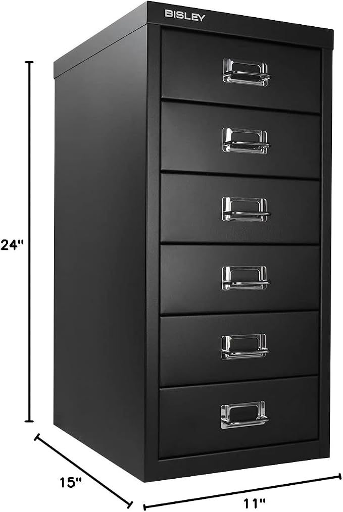 Bisley 6-Drawer Steel MultiDrawer Cabinet - Black | Chrome Pull Handles with Label Holders, Powder-Coated Steel, Removable Drawers, Fits Under Most Desks, Labels Included