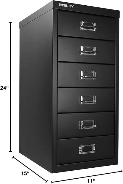 Bisley 6-Drawer Steel MultiDrawer Cabinet - Black | Chrome Pull Handles with Label Holders, Powder-Coated Steel, Removable Drawers, Fits Under Most Desks, Labels Included