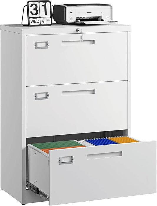 Letaya 3 Drawer File Cabinets with Lock,Metal Lateral Filing Storage Cabinet Printer Stand,White Steel Home Office Cabinet for Hanging Files Letter/Legal/A4 Size (White, H39.84×W28.35×D15.74)