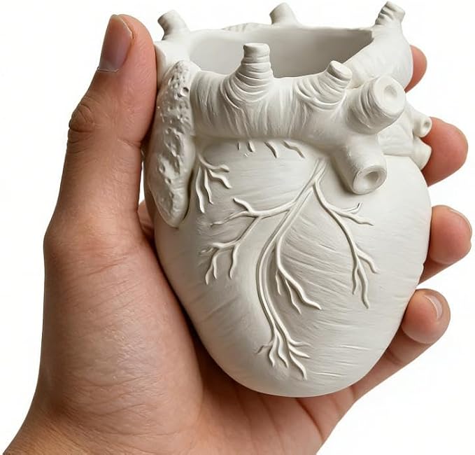 Heart-Shaped Pen Holder, 4.3" x 3.74" Human Heart Organ Shape Pen Holder, Gothic Makeup Brush Holder, 3D Realistic Hearts Anatomy Model for Makeup Brushes Pens,Desk Accessories (White)