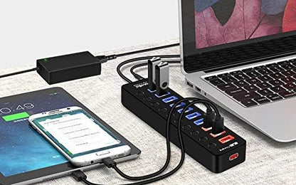 Powered USB 3.0 Hub, USB 3.0 Data Hub 11 Ports - 7 USB 3.0 Data Ports + 4 Smart Charging Port with Individual On/Off Switches and 12V/4A Power Adapter USB Hub 3.0 Splitter