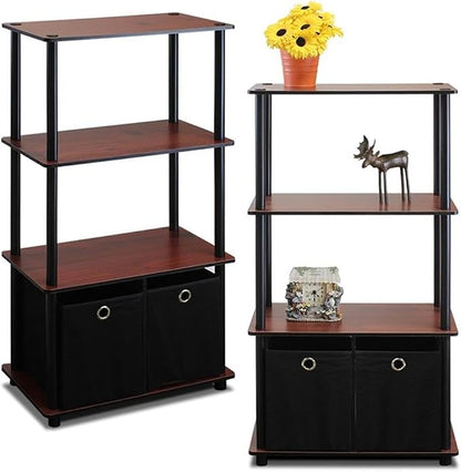 Furinno GO GREEN Storage Shelf Set of 2, 4-Tier Storage Rack with Bins, Book Shelf, Display Rack, with Storage Bins, for Organization and Storage, Living Room, Home Office, Dark Cherry