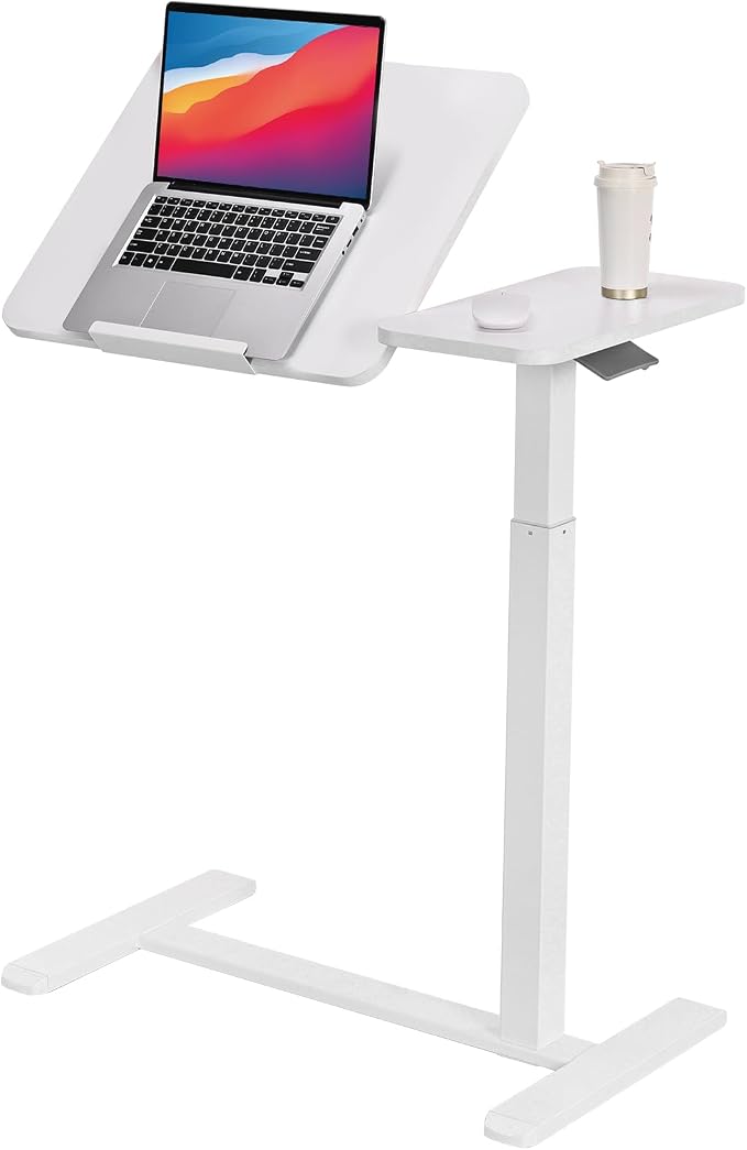Adjustable Tilt Overbed Table with Hidden Wheels, Mobile Standing Laptop Desk, Portable Pneumatic Computer Cart, Rolling Medical Bed Side Table for Hospital and Home Use, White
