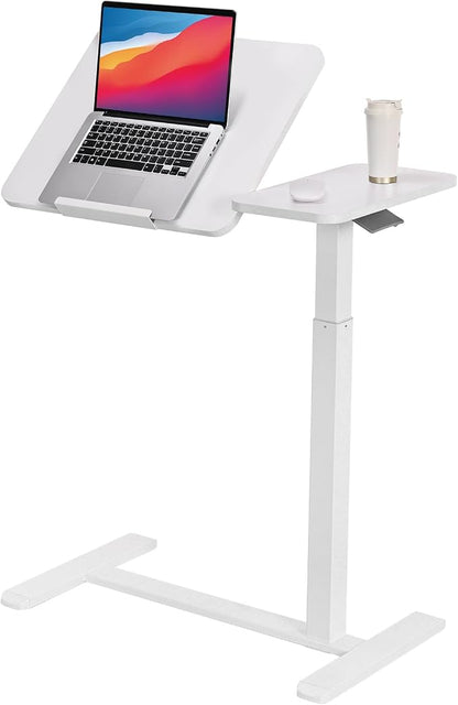 Adjustable Tilt Overbed Table with Hidden Wheels, Mobile Standing Laptop Desk, Portable Pneumatic Computer Cart, Rolling Medical Bed Side Table for Hospital and Home Use, White
