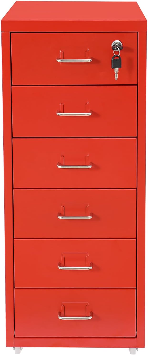 Vertical File Cabinet, 6 Drawers Rolling File Organizer Cabinets with Lock, Heavy Duty Metal Storage Cabinet, Movable Under Desk Filing Cabinet for Office, Study, Dresser (Red)
