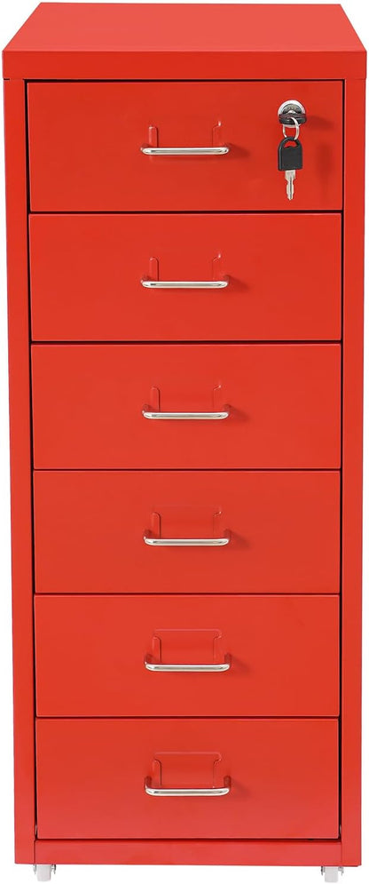 Vertical File Cabinet, 6 Drawers Rolling File Organizer Cabinets with Lock, Heavy Duty Metal Storage Cabinet, Movable Under Desk Filing Cabinet for Office, Study, Dresser (Red)