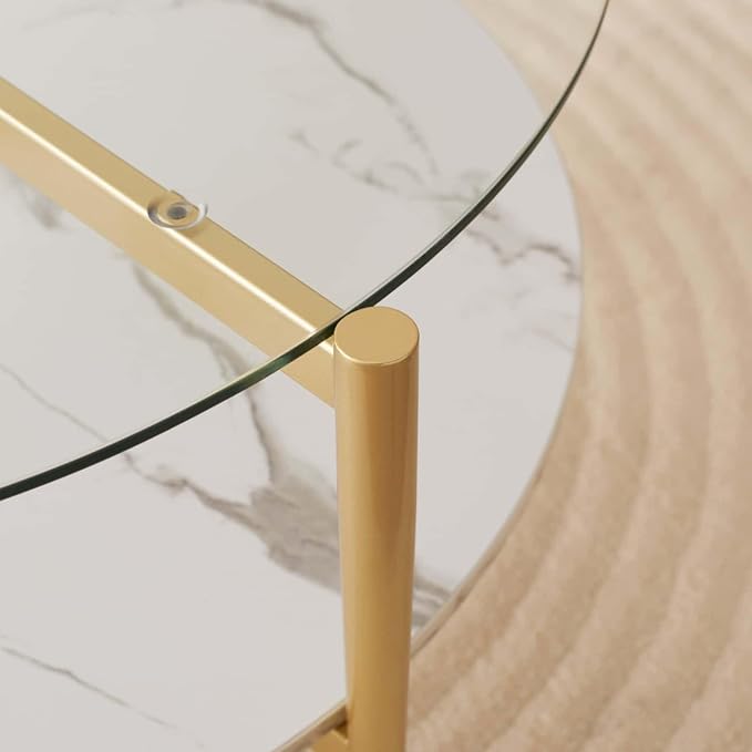 LumFurn Round Coffee Table for Living Room, Mid-Century Modern Design, D30 x H17, 2-Tier Structure, Clear Glass Top and White Marble Finish Wood Shelf, Sleek Conical Metal Legs with Gold Finish Frame