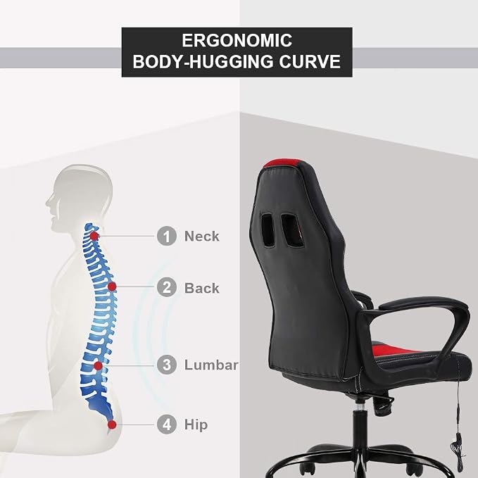 Gaming Chair Ergonomic Office Chair Racing Desk Chair Massage PU Leather Adjustable Chair with Lumbar Support Headrest Armrest Task Rolling Swivel Computer Chair for Adults(Red)