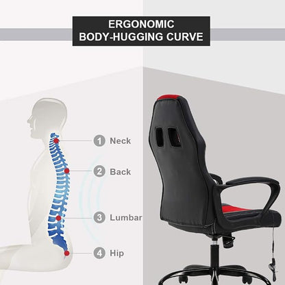 Gaming Chair Ergonomic Office Chair Racing Desk Chair Massage PU Leather Adjustable Chair with Lumbar Support Headrest Armrest Task Rolling Swivel Computer Chair for Adults(Red)