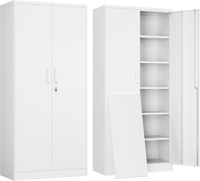 71"H Metal Storage Cabinet with Lock, White Garage Cabinets with 2 Doors and 5 Adjustable Shelves, Steel Locking Caninets Tall Tool Utility Caninet, Lockable File Cabnet for Home Office, Pantry