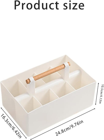 Buqoo Desk Organizer with 8 Compartments, Plastic Makeup Organizer with Wooden Handle, Pen Holder for Desktop Storage, Desk Organization for School, Home, Office Supplies (White)