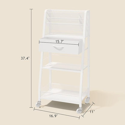 Homsorout 3 Tier Rolling Cart - Metal Utility Cart with Storage Drawer and Wheels, Versatile Art & Craft Organizer for Home, Office, or Studio - Ideal for Storing Brushes, Paints, and Supplies（White）