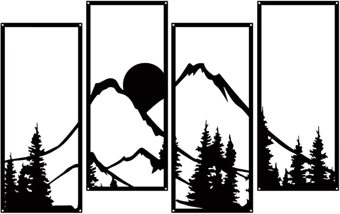 ruelen 4 Pcs Metal Sunset Mountain Forest Wall Decor, Abstract Minimalist Line Drawing Large Mountains Wall Art Home Decor for Living Room Bathroom Bedroom Office Indoor And Outdoor (Black, Large)