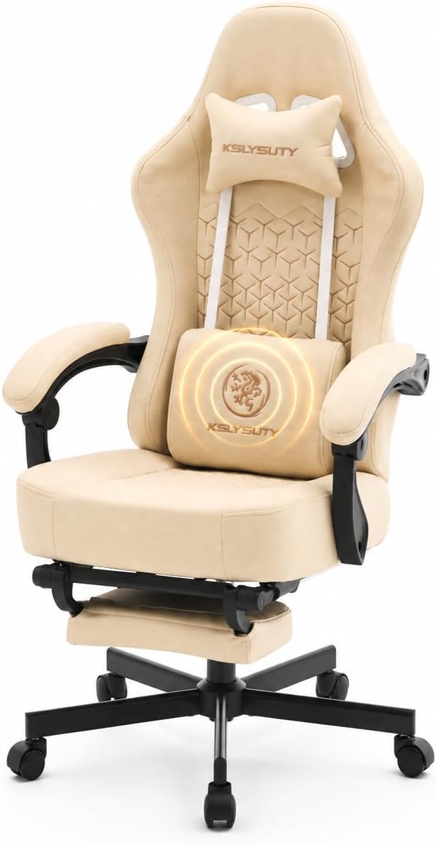 Office Desk Computer Gaming Chair for Adults, Ergonomic High Back Gamer Chair with Massage and Pocket Spring Cushion, Swivel Comfy Video Game Chairs with Footrest and Lumbar Support (Pro Beige)