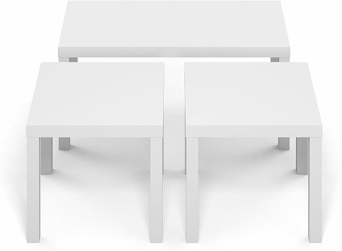 Furinno Classic Living Room Table Set of 3, Modern 1.8 Inch Thick Tabletop Rectangle Coffee Table with 2 Side Tables, End Tables, for Living Room, Home Office, White