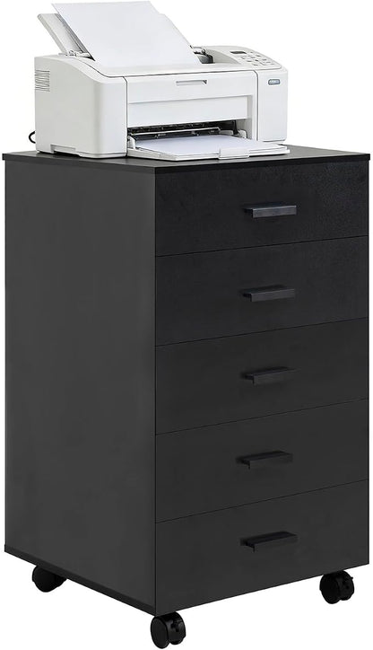 SweetGO 5 Drawer Storage Cabinet, Under Desk Organizer with Printer Stand Wood Filing cabinets for Home Office, Apartments (Black)