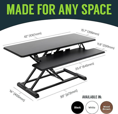 TechOrbits Standing Desk Converter - 42 Inch Adjustable Sit to Stand Up Desk Workstation, MDF Wood, Ergonomic Desk Riser with Keyboard Tray, Desktop Riser for Home Office Computer Laptop, Black 42"