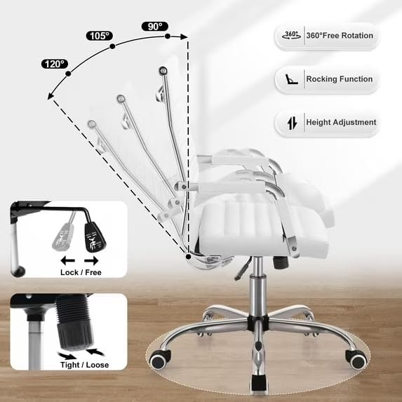Shahoo Ribbed Office Chair, Mid-Back PU Leather Office Chair Executive Task Chair with 360° Swivel Wheels for Conference Room, Home Offices (White)