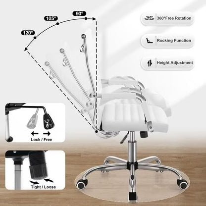 Shahoo Ribbed Office Chair, Mid-Back PU Leather Office Chair Executive Task Chair with 360° Swivel Wheels for Conference Room, Home Offices (White)