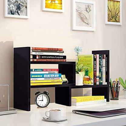 Hossejoy Desk Shelf, Adjustable Desktop Storage Organizer, Wood Display Shelf Rack, Office Supplies Desk Organizer, Black