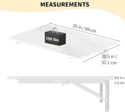 GOYLSER Wall Mounted Desk Folding Table Laundry Fold Table, White Marble Fold Down Work Bench, Foldable Mount Station for Floating Bar, Office, Dining Room, Kitchen, 35" x 20.5"