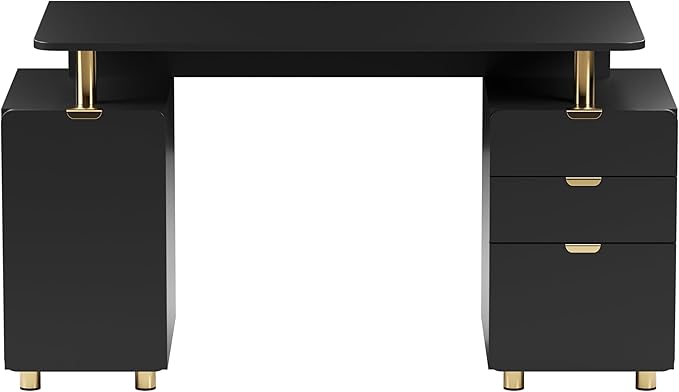 Elegant 57" W Executive Desk with 3 Drawers and Storage Cabinet, Modern Office Desk with Gold Accents, Floating Work Surface, Closed Storage with Ventilation & Adjustable Shelf (Black,Gold)