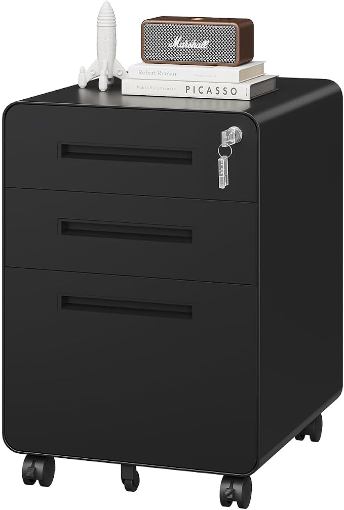 PEUKC 3 Drawer File Cabinet with Lock, Metal Under Desk Rolling Filing Cabinet fits Letter/Legal/A4 Size for Home Office,(Fully Assembled, Black)