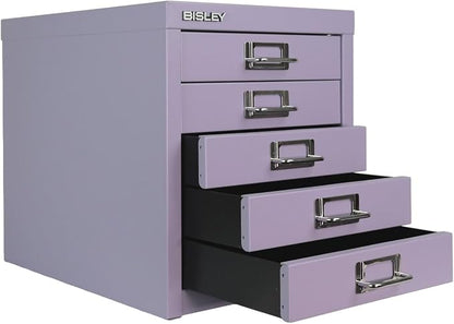 Bisley 5-Drawer Steel MultiDrawer Cabinet - Lilac | Chrome Pull Handles with Label Holders, Powder-Coated Steel, Removable Drawers, Desktop Storage, Labels Included