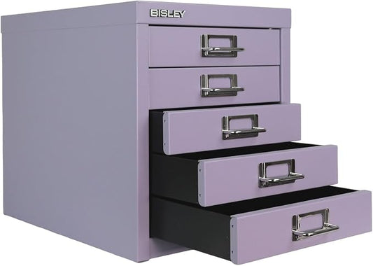 Bisley 5-Drawer Steel MultiDrawer Cabinet - Lilac | Chrome Pull Handles with Label Holders, Powder-Coated Steel, Removable Drawers, Desktop Storage, Labels Included