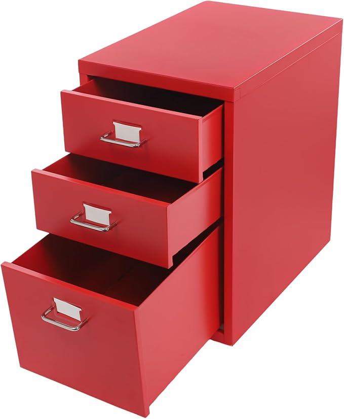 3-Drawer Mobile File Cabinet, Metal Filing Storage Cabinet with Wheels Small Nightstand Under Desk Organizer for Home Office (Red)