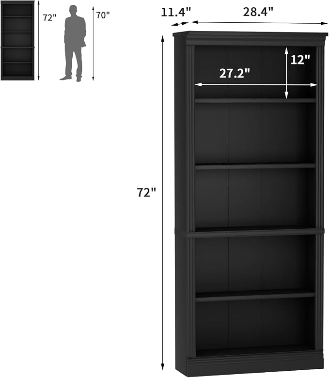 Furniwell Bookcase Bookshelves, 5-Shelf Tall Bookcase 71" Wood Open Display Floor Bookshelf, Large Storage Organizer for Library, Bedroom, Living Room (Black)