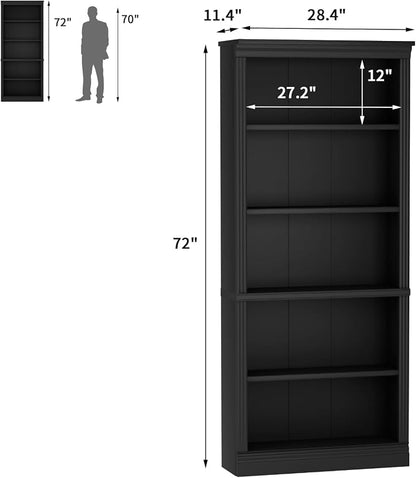 Furniwell Bookcase Bookshelves, 5-Shelf Tall Bookcase 71" Wood Open Display Floor Bookshelf, Large Storage Organizer for Library, Bedroom, Living Room (Black)