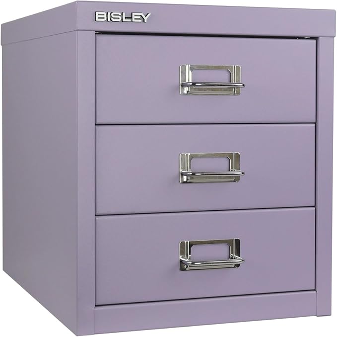 Bisley 3-Drawer Steel MultiDrawer Cabinet - Lilac | Chrome Pull Handles with Label Holders, Powder-Coated Steel, Removable Drawers, Desktop Storage, Labels Included