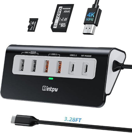 intpw USB C Hub, P9 PRO USB C Hub Multiport Adapter with 4K HDMI, PD 100W, Type-C & 2 USB A 3.2 10Gbps, 2 USB A 2.0, SD/TF Card Reader, Aluminum USB Hub for Laptop, iPhone 17 Series, MacBook, iPad