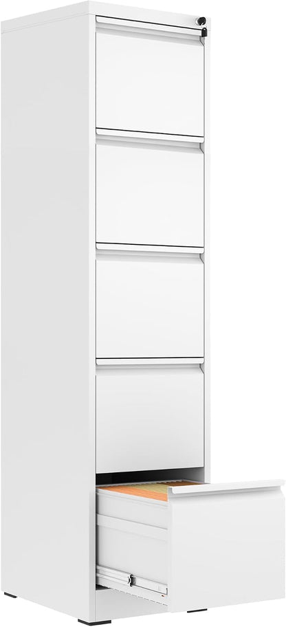 5 Drawer File Cabinet with Lock,Metal Vertical Filing Cabinets for Home Office,Heavy Duty File Storage Cabinet for Letter/Legal/A4/F4 Size File,Assembly Require (White, Vertical 5 Drawer)