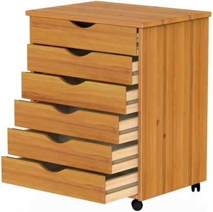 Pemberly Row Solid Wood 6-Drawer Roll Utility Cart, 15.35x20.75x25.43 in, Med Pine Finish, Smooth Mobility Casters, Compact Storage Organizer for Home Office, Kitchen, or Craft Room