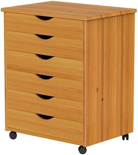 Pemberly Row Solid Wood 6-Drawer Roll Utility Cart, 15.35x20.75x25.43 in, Med Pine Finish, Smooth Mobility Casters, Compact Storage Organizer for Home Office, Kitchen, or Craft Room