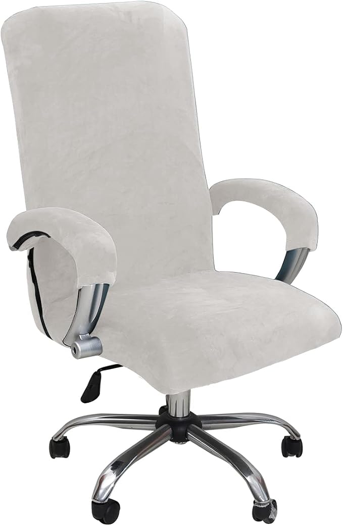 Velvet Plush Office Desk Chair Cover for Executive, White, XL | Cat Proof, Stretchable Protector, For Ergonomic Computer Desk Chair with Wheels Armrests, Comfy Executive Chair Cover
