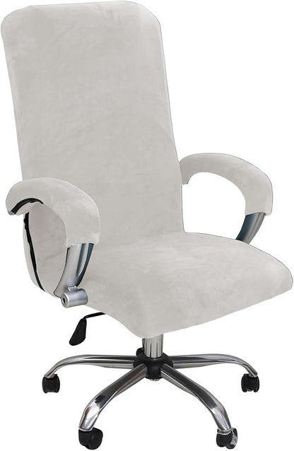 Velvet Plush Office Desk Chair Cover for Executive, White, XL | Cat Proof, Stretchable Protector, For Ergonomic Computer Desk Chair with Wheels Armrests, Comfy Executive Chair Cover