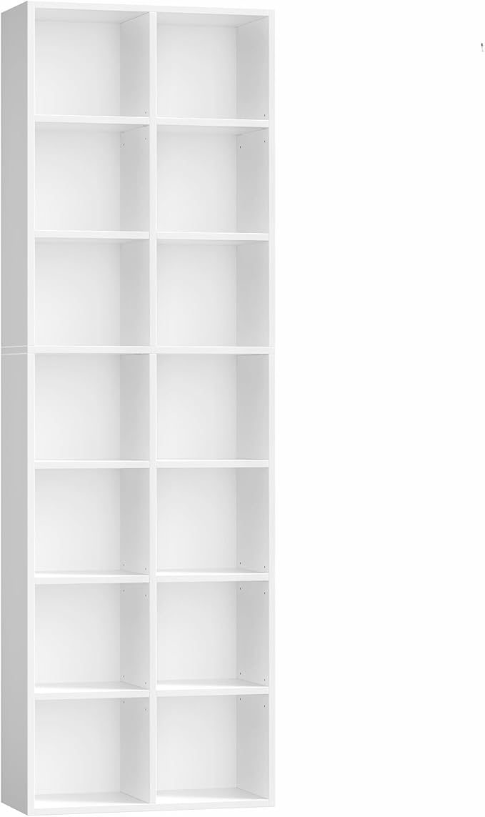 FOTOSOK 71'' Tall Bookshelf with 14 Cubes, 7 Tier Double Wide White Bookshelf with 6 Adjustable Shelves, 19.6" Narrow Bookcase DVD/CD Media Storage, Space Saving Display Shelf Cabinet, White