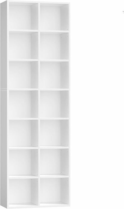 FOTOSOK 71'' Tall Bookshelf with 14 Cubes, 7 Tier Double Wide White Bookshelf with 6 Adjustable Shelves, 19.6" Narrow Bookcase DVD/CD Media Storage, Space Saving Display Shelf Cabinet, White