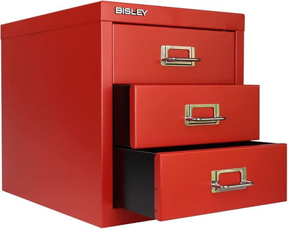 Bisley 3-Drawer Steel MultiDrawer Cabinet - Cardinal Red | Chrome Pull Handles with Label Holders, Powder-Coated Steel, Removable Drawers, Desktop Storage, Labels Included