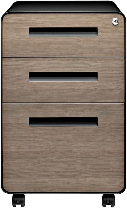 Laura Davidson Furniture Stockpile 3 Drawer File Cabinet with Lock - Under Office Desk Metal Filing Cabinet, Legal/Letter File Folders, Wheels and Stationary Feet, Pre-Assembled, Black/Wood