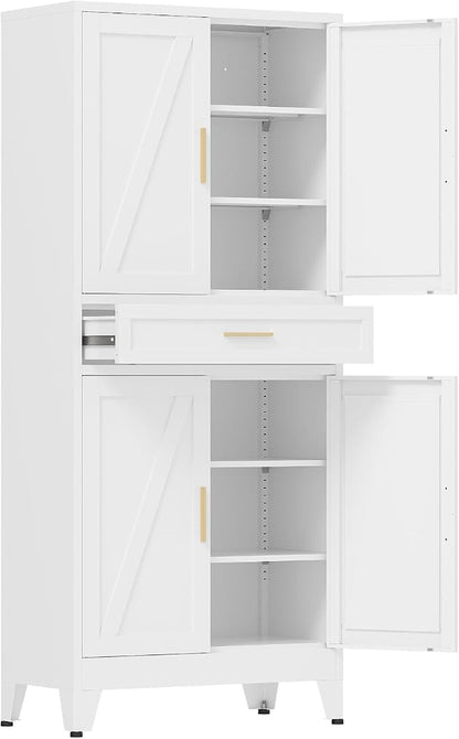 COFaR 71'' Tall Metal Pantry Cabinet with Drawer, Kitchen Storage Cabinet with 4 Doors and Shelves, Freestanding Farmhouse Food Cupboard for Kitchen Dinning Room Garage, White 6-Tier